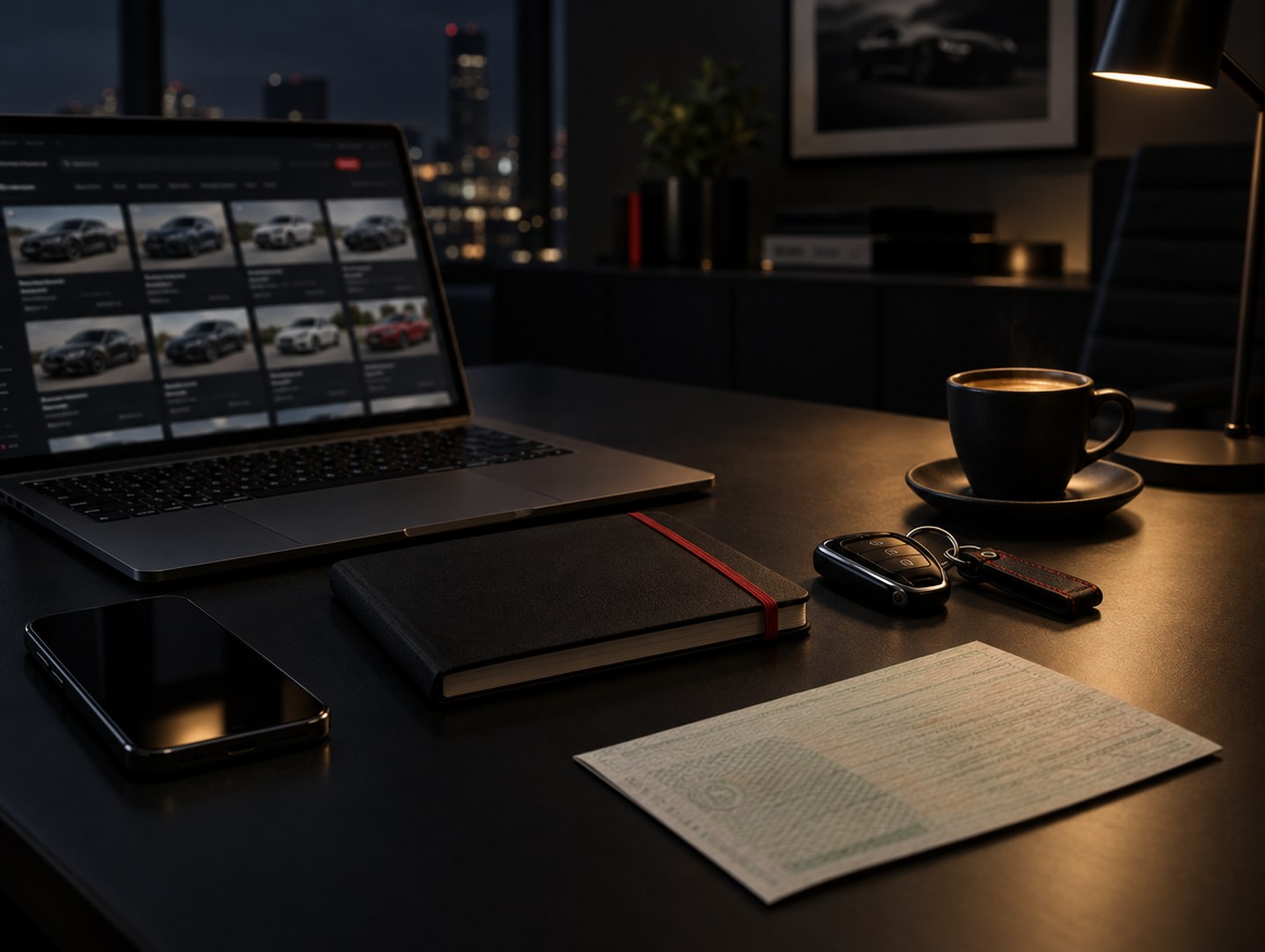 Bureau de travail avec annonces automobiles et clés